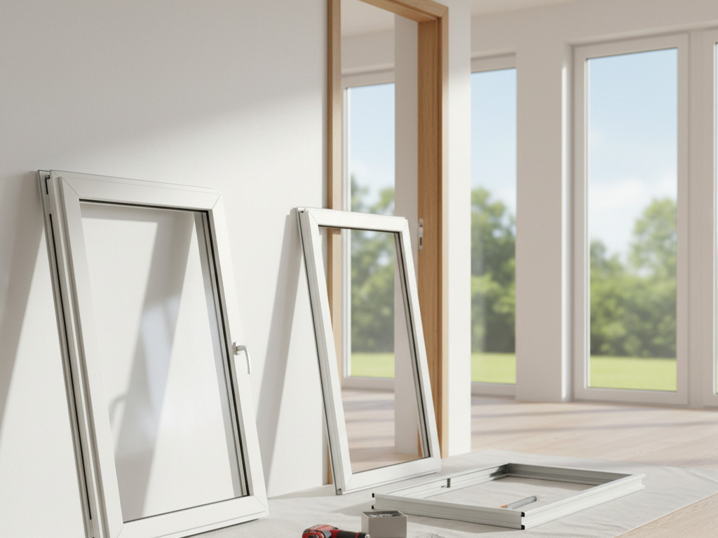 Neue Fensterrahmen und Türelemente, vorbereitet zum Einbau