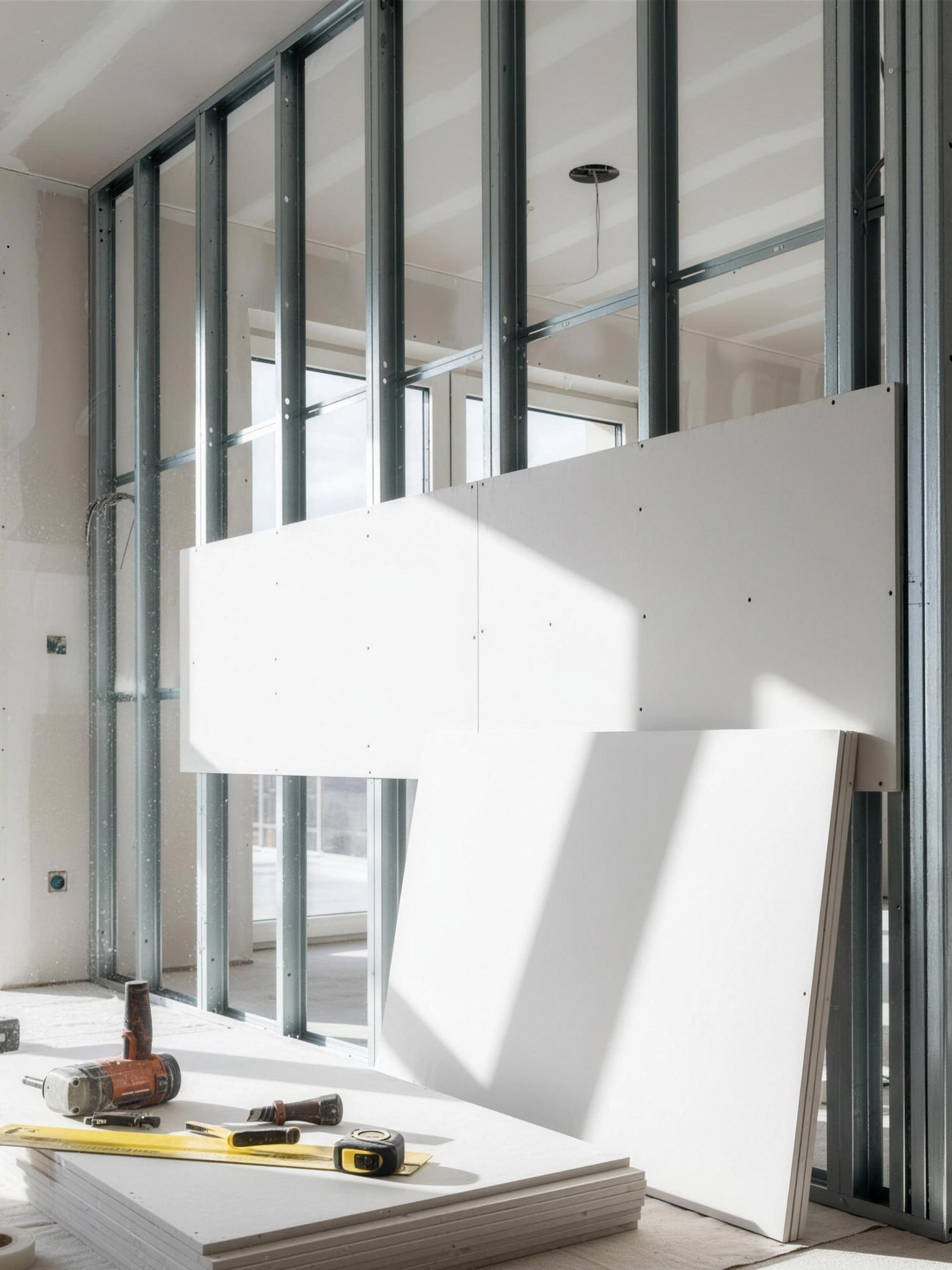 Trockenbau-Ständerwerk mit angesetzter Gipskartonplatte in einem hellen Rohbau