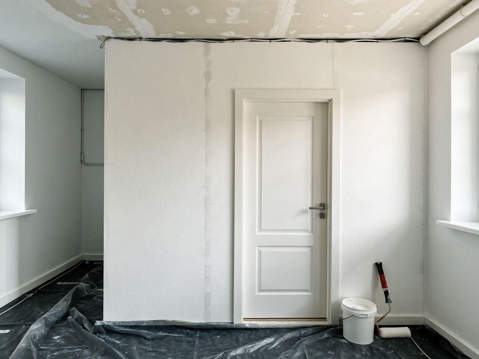 Neue Trockenbauwand mit eingesetzter Tür, tapeziert und weiß gestrichen