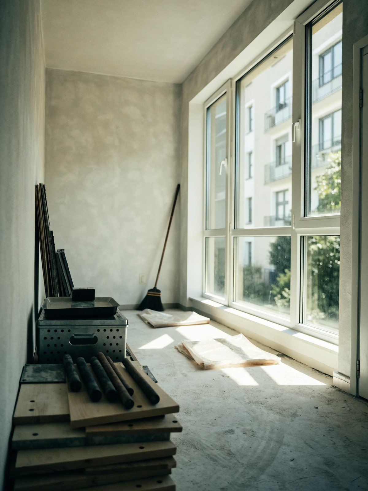 Aufgeräumte Baustelle in einer leeren Wohnung mit gestapeltem Material und Besen