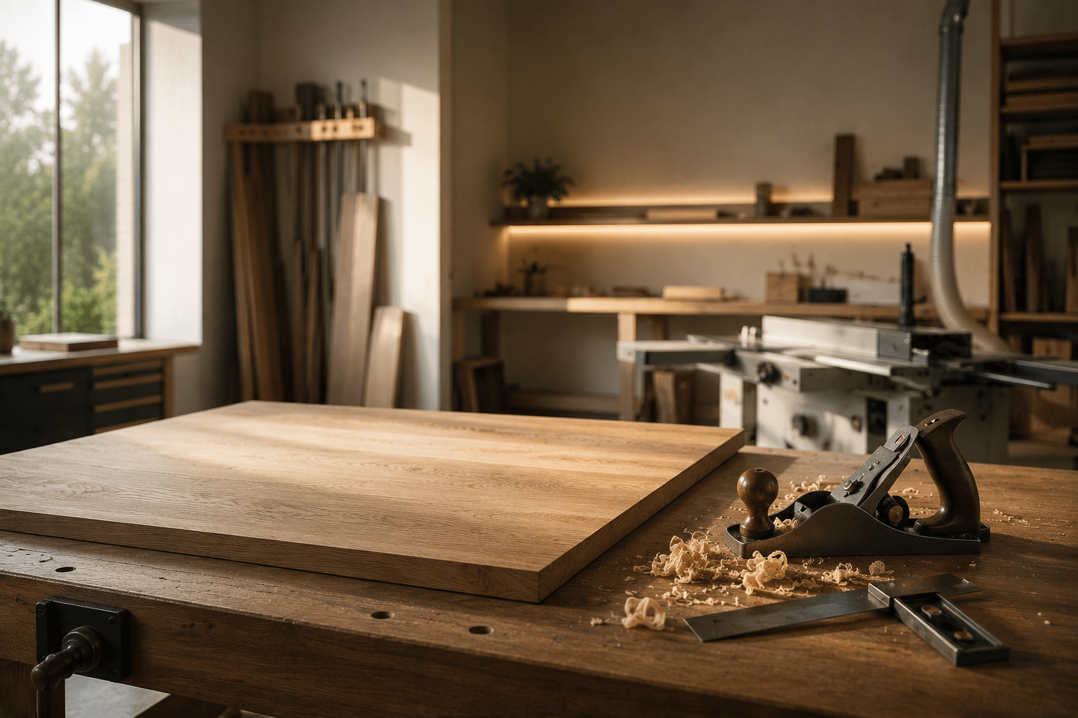 Werkbank in der Schreinerei mit Holzplatte und Handhobel